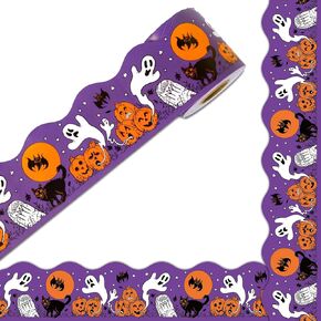 Whaline 65ft Halloween Bulletin Border Border Purple Pumpkin Ghost Cartoon Scalloped Die Cut Roll Trim Roll for Home Classroom Party Wall Decoration