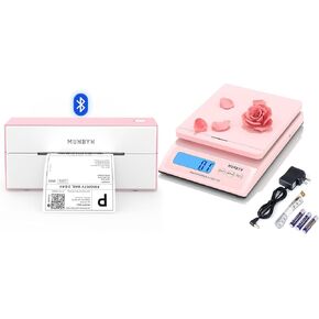 MUNBYN Bluetooth Thermal Label Printer, 4x6 Shipping Label Printer+Shipping Scale, Accurate 66lb/0.1oz Postal Scale with Sweet Pink Style