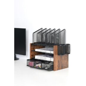 4-Tier Mesh Desk Organizer with Wooden File Holders, 5 Vertical Slots, 2 Pen Compartments, and a Drawer, Desktop Storage Solution for Home Office.