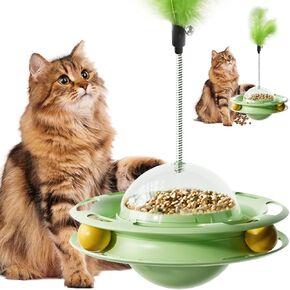 كرات مسار Cat Toys التفاعلية ، 3 في 1 لعبة أسطوانة القط للقطط الداخلية ، 360 درجة جهاز تسرب الطعام الدوار ， حل قلق القطط وجذب القطط للعب （الأخضر）