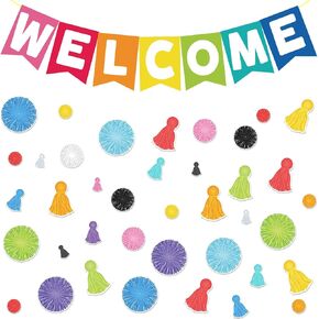 67 PCS BANNER BANNER BANNER BULLETIN PORLOY مجموعة لافتات ترحيب مشرقة وملونة شرابة بومس بومس لالتقاط الفصول الدراسية لوحات الجدار.