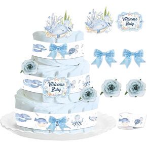 زرقاء رعاة البقر الزرقاء ديكورات حفاضات حفاضات لحفل استحمام الطفل ، Western Cowboy Print Brand Cards Flowers Flowers Blue Bows Decor