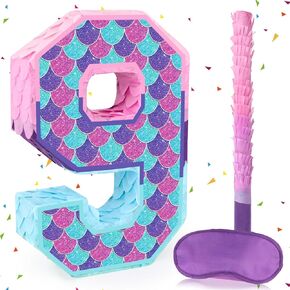 Mermaid رقم 9 Pinata for Kids التاسع لحفلات عيد الميلاد ، حفلات موضوع حورية البحر الأرجواني ، احتفالات الذكرى ، العيد ، زينة دش الطفل (15.8 × 9.5 × 3.2 بوصة)