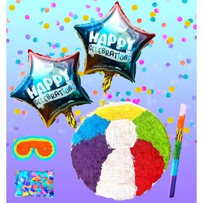 Pinatas Beach Ball Pinatas للحفلات الشاطئية ، وزينة عيد ميلاد مثالية ، وربطة محورية ، ودعائم الحفلات الصيفية ، وتشمل Buster Stick و Hunningfold و Confetti و 2 Balloons