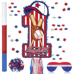 Ferraycle Baseball رقم 1 Piñata لزخارف حفلة عيد الميلاد الأولى Piñata إمدادات حفلة عيد ميلاد للأولاد مع حلويات عصا معصبة العينين