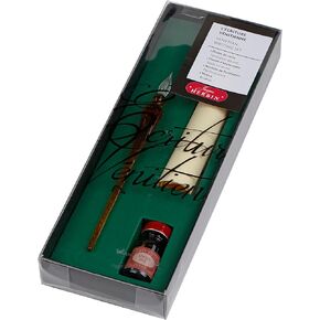 Herbin 28300t - Ecriture vénitienne/Penetian Writing '' مجموعة تضم ريشة زجاجية ملتوية ، ورقة من الرقصة ، زجاجة من حبر Sepia والتعليمات