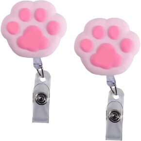 2Pcs Pink Cat Paw Retractable Badge Reel,Name Card Holder Keys Lanyard,Work Card Clip,Bunny Chest Card ID Card Clips,Cute Nurse Badge Holder Identification Badges and Supplies