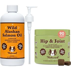 Natural Dog Company Healthy Joints Bundle, Includes (1) Wild Alaskan Salmon Oil - 16 oz., (1) Hip and Joint Chews Supplement - 90 pcs, Vitamins for Dogs, Fish Oil for Dogs