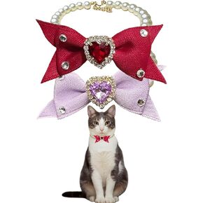 Luxury Cat Collar with Crystal Heart Bow and Pearl Necklace - Adjustable Pet Accessory for Small to Medium Cats (9.84-12.2 inches)(Beige & Black)