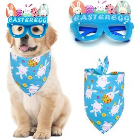 Easter Dog Bandana 2 Pack Rabbit Egg Glases Triangle Triangle Sced for Boy and Girl ، Easter Dog Comples for Medium Puppy Cats Party Supplies Eyeglasses Easter Photo Props Accessory (Blue)