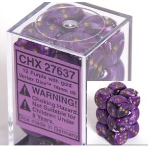 مجموعات D6 DICE THESSEX: Vortex Purple مع الذهب - 16 مم ستة جوانب يموت (12) كتلة من الزهر