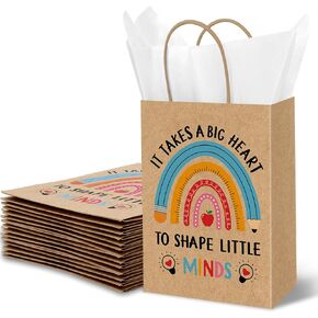Whaline 24Pcs Teacher Appreciation Kraft Paper Bags with 30 Sheet Tissue Paper Thank You Teacher Gift Bags with Handles Candy Treat Bags for Teachers' Day Back to School Party Favors Supplies