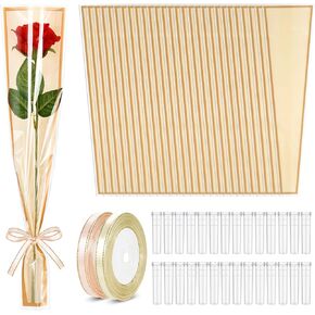 tchrules 100PCS Single Flower Bags for Bouquets, Clear Single Rose Sleeves with Flower Water Tubes and Ribbons, Plastic Floral Wrapping Bags for Valentine's Day Mother's Day Graduation Wedding