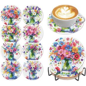 CROSHOM Diamond Art Coasters Kit - 8 قطع زهور أسماء اللوحة الماس ، مجموعات فن الماس DIY للبالغين الوقايات ، ومجموعات الحرف اليدوية المستديرة الماس للمبتدئين للمبتدئين