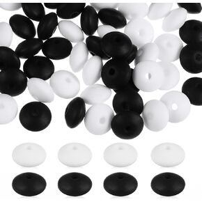 100 Pcs Silicone Beads for Keychain Making Silicone Lentil Beads Black White Silicone Focal Beads Painted Round Spacer Beads Loose Silicone Beads for Pens Necklace Bracelet Lanyard DIY Crafts Making