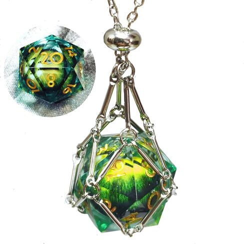 Single Liquid core D20 DND Dice Dungeons and Dragons Gamers Stainless Steel Cage Necklace DND Gifts (Dragon's Eye-Green) in Kuwait