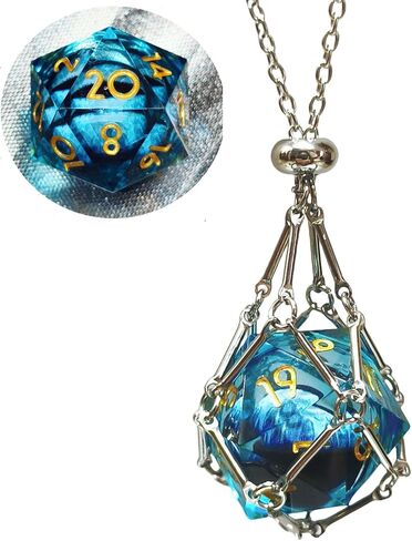 Single Liquid core D20 DND Dice Dungeons and Dragons Gamers Stainless Steel Cage Necklace DND Gifts (Dragon's Eye-Green) in Kuwait