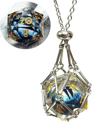 Single Liquid core D20 DND Dice Dungeons and Dragons Gamers Stainless Steel Cage Necklace DND Gifts (Dragon's Eye-Green) in Kuwait