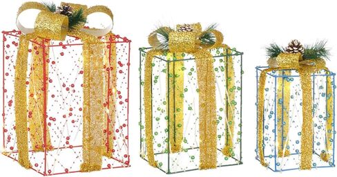 Set of 3 Boxes Decoration, Pre-lit Xmas Beaded Present Boxes with 60 Warm White LEDs and Timer Function for Yard Indoor and Outdoor Christmas Decor in Saudi Arabia