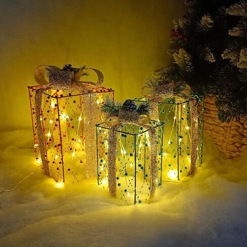 Set of 3 Boxes Decoration, Pre-lit Xmas Beaded Present Boxes with 60 Warm White LEDs and Timer Function for Yard Indoor and Outdoor Christmas Decor in Saudi Arabia