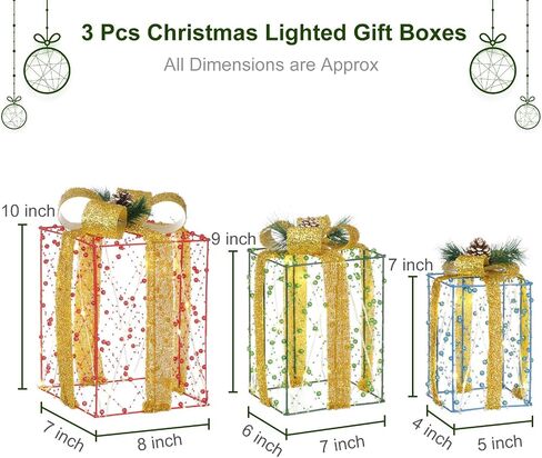 Set of 3 Boxes Decoration, Pre-lit Xmas Beaded Present Boxes with 60 Warm White LEDs and Timer Function for Yard Indoor and Outdoor Christmas Decor in Saudi Arabia