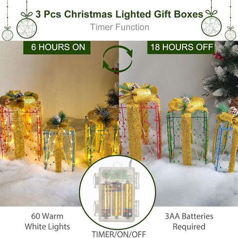 Set of 3 Boxes Decoration, Pre-lit Xmas Beaded Present Boxes with 60 Warm White LEDs and Timer Function for Yard Indoor and Outdoor Christmas Decor in Saudi Arabia