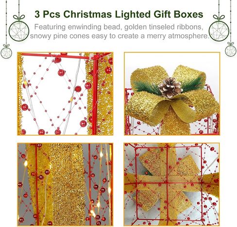 Set of 3 Boxes Decoration, Pre-lit Xmas Beaded Present Boxes with 60 Warm White LEDs and Timer Function for Yard Indoor and Outdoor Christmas Decor in Saudi Arabia