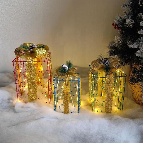 Set of 3 Boxes Decoration, Pre-lit Xmas Beaded Present Boxes with 60 Warm White LEDs and Timer Function for Yard Indoor and Outdoor Christmas Decor in Saudi Arabia
