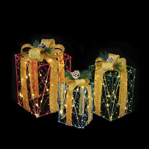 Set of 3 Boxes Decoration, Pre-lit Xmas Beaded Present Boxes with 60 Warm White LEDs and Timer Function for Yard Indoor and Outdoor Christmas Decor in Saudi Arabia