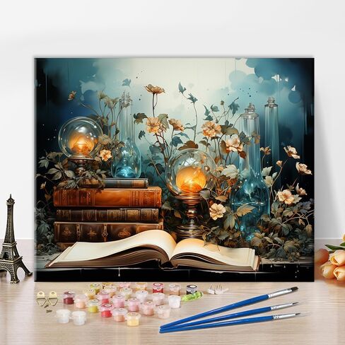 TUMOVO Knowledge DIY Paint by Numbers for Adults, Book and Flowers Paint by Number Kits with Brushes and Pigment for Home Wall Decoration, Art Crafts, 16"x20" in Saudi Arabia