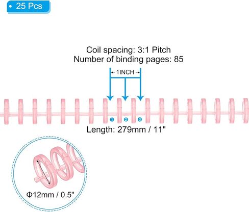 PATIKIL 12mm(1/2") Plastic Spiral Binding Coils, 25 Pcs Binding Spirals 85 Sheet Capacity 3:1 Pitch Binding Spirals for Binding Paper Sheets, Transparent Pink in Kuwait