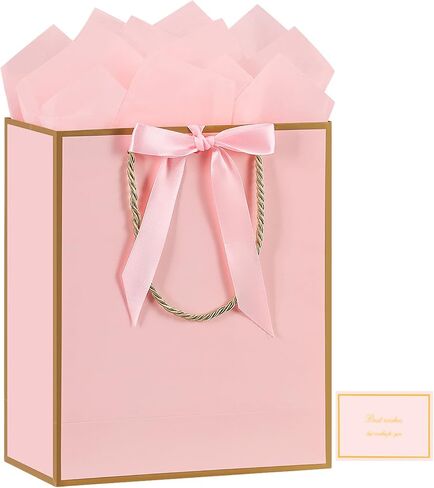 JMANNI Gift Bag, 1PCS Gift Bags Large with Ribbon and 1 Greeting Cards 2 Tissue Paper, Portable Paper Gift Bag with Handles, Birthday Gift Bags,Present Bags for Wedding Party Mothers Day(Pink) in Saudi Arabia