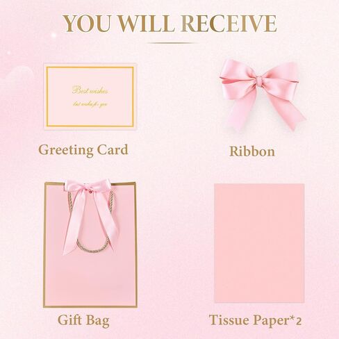 JMANNI Gift Bag, 1PCS Gift Bags Large with Ribbon and 1 Greeting Cards 2 Tissue Paper, Portable Paper Gift Bag with Handles, Birthday Gift Bags,Present Bags for Wedding Party Mothers Day(Pink) in Saudi Arabia