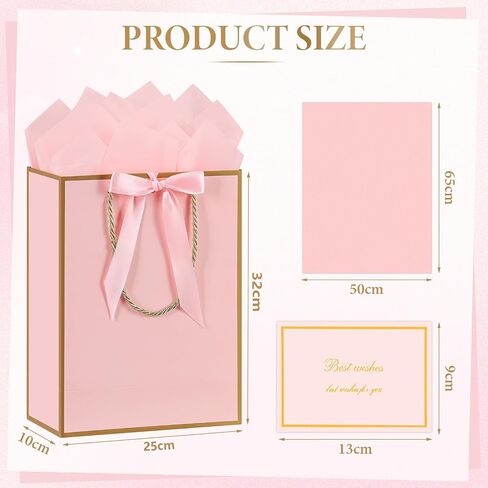 JMANNI Gift Bag, 1PCS Gift Bags Large with Ribbon and 1 Greeting Cards 2 Tissue Paper, Portable Paper Gift Bag with Handles, Birthday Gift Bags,Present Bags for Wedding Party Mothers Day(Pink) in Saudi Arabia