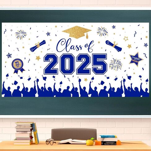 Graduation Decorations 2025 - Blue Gold Congrats Grad Plastic Backdrop Banner, Large Class of 2025 Grad Backdrops Photo Props for Graduation Party Decoration Photography Supplies, 65 x 32.7 Inch in Saudi Arabia