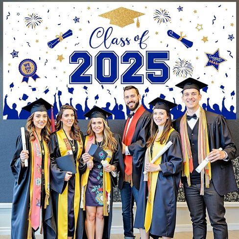 Graduation Decorations 2025 - Blue Gold Congrats Grad Plastic Backdrop Banner, Large Class of 2025 Grad Backdrops Photo Props for Graduation Party Decoration Photography Supplies, 65 x 32.7 Inch in Saudi Arabia
