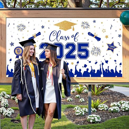 Graduation Decorations 2025 - Blue Gold Congrats Grad Plastic Backdrop Banner, Large Class of 2025 Grad Backdrops Photo Props for Graduation Party Decoration Photography Supplies, 65 x 32.7 Inch in Saudi Arabia
