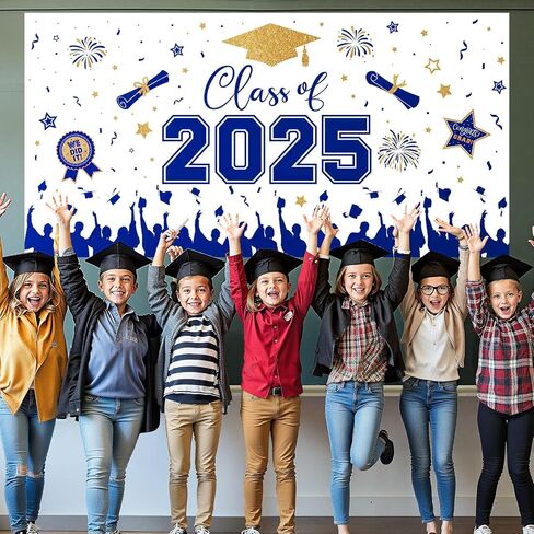 Graduation Decorations 2025 - Blue Gold Congrats Grad Plastic Backdrop Banner, Large Class of 2025 Grad Backdrops Photo Props for Graduation Party Decoration Photography Supplies, 65 x 32.7 Inch in Saudi Arabia