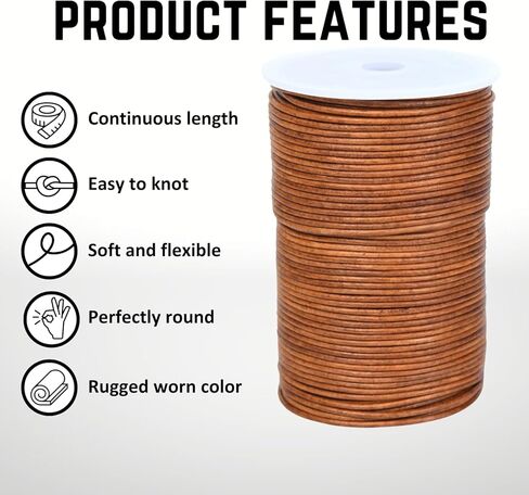 Round Leather Cord for Jewelry Making, Crafting, Necklaces, Bracelets, Braiding, Wraps (Tan Distressed 20 Meter, 2.0 MM) in Kuwait