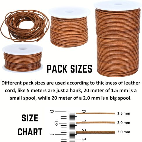 Round Leather Cord for Jewelry Making, Crafting, Necklaces, Bracelets, Braiding, Wraps (Tan Distressed 20 Meter, 2.0 MM) in Kuwait