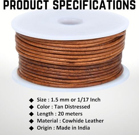 Round Leather Cord for Jewelry Making, Crafting, Necklaces, Bracelets, Braiding, Wraps (Tan Distressed 20 Meter, 2.0 MM) in Kuwait