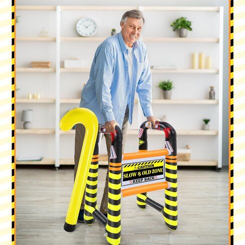 2 Pcs Over The Hill Birthday Decorations Inflatable Walker and Cane Set Blow up Humorous Gag Gifts for 50th Birthday Party Decor Funny 100th Day of School Celebrations (Old Zone,Yellow) in Saudi Arabia