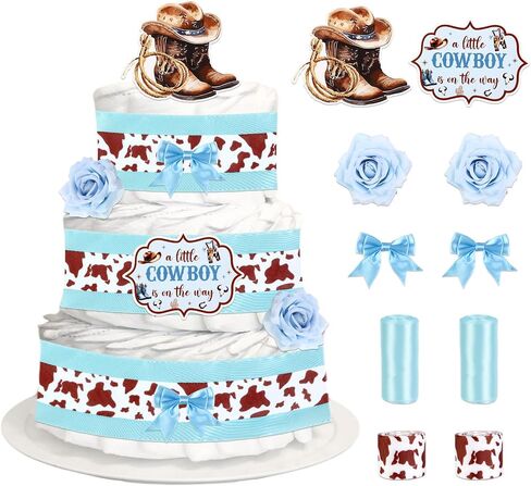 Blue Cowboy Theme Diaper Cake Decorations for Baby Shower Party, Western Cowboy Print Ribbon Cards Artificial Flowers Blue Bows Decor, A Little Cowboy is on The Way Baby Shower Favors in Kuwait