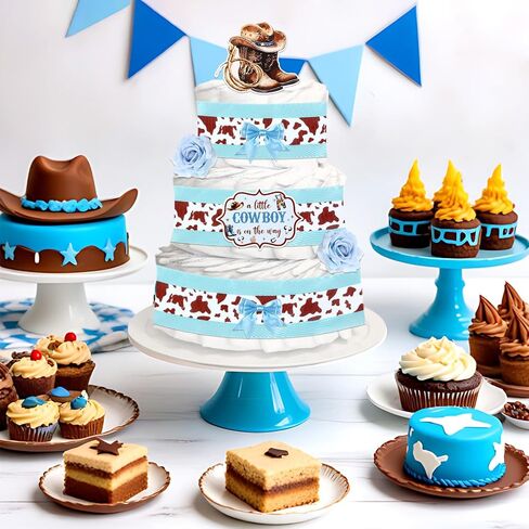 Blue Cowboy Theme Diaper Cake Decorations for Baby Shower Party, Western Cowboy Print Ribbon Cards Artificial Flowers Blue Bows Decor, A Little Cowboy is on The Way Baby Shower Favors in Kuwait