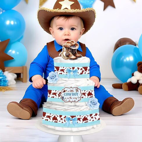 Blue Cowboy Theme Diaper Cake Decorations for Baby Shower Party, Western Cowboy Print Ribbon Cards Artificial Flowers Blue Bows Decor, A Little Cowboy is on The Way Baby Shower Favors in Kuwait