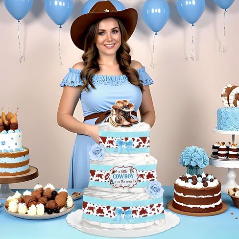 Blue Cowboy Theme Diaper Cake Decorations for Baby Shower Party, Western Cowboy Print Ribbon Cards Artificial Flowers Blue Bows Decor, A Little Cowboy is on The Way Baby Shower Favors in Kuwait