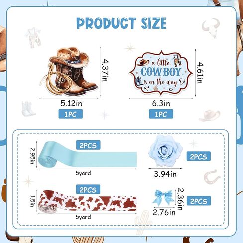 Blue Cowboy Theme Diaper Cake Decorations for Baby Shower Party, Western Cowboy Print Ribbon Cards Artificial Flowers Blue Bows Decor, A Little Cowboy is on The Way Baby Shower Favors in Kuwait