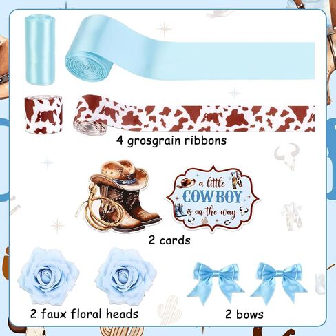 Blue Cowboy Theme Diaper Cake Decorations for Baby Shower Party, Western Cowboy Print Ribbon Cards Artificial Flowers Blue Bows Decor, A Little Cowboy is on The Way Baby Shower Favors in Kuwait