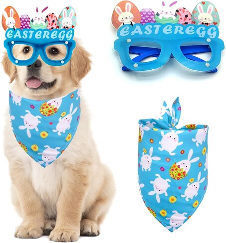 Easter Dog Bandana 2 Pack Rabbit Egg Glasses Frame Triangle Scarf Set for Boy and Girl, Easter Dog Costumes for Medium Puppy Cats Party Supplies Eyeglasses Easter Photo Props Accessory (Blue) in Saudi Arabia