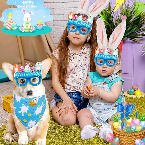Easter Dog Bandana 2 Pack Rabbit Egg Glasses Frame Triangle Scarf Set for Boy and Girl, Easter Dog Costumes for Medium Puppy Cats Party Supplies Eyeglasses Easter Photo Props Accessory (Blue) in Saudi Arabia